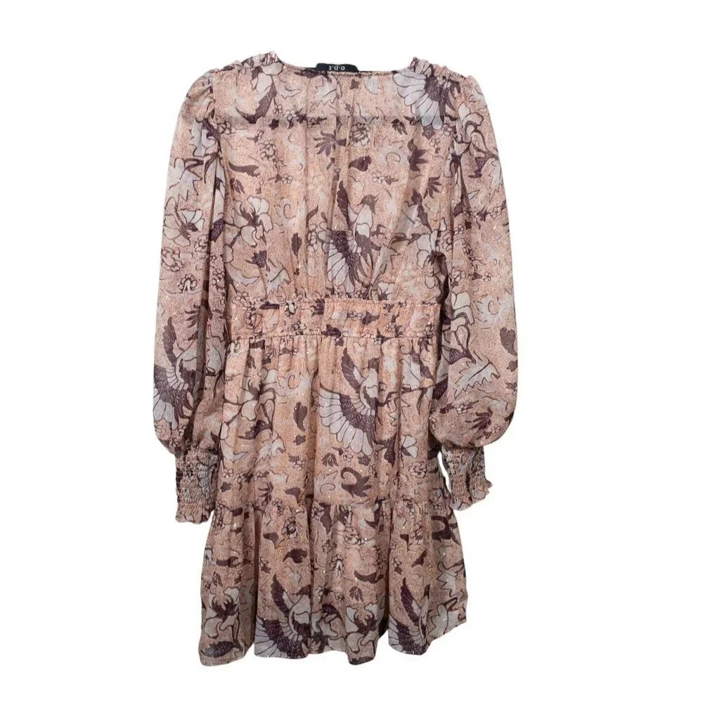 Anthropologie O.P.T Floral Birds Boho Prairie Dress SZ S Cream Brown Fall - Picture 2 of 11